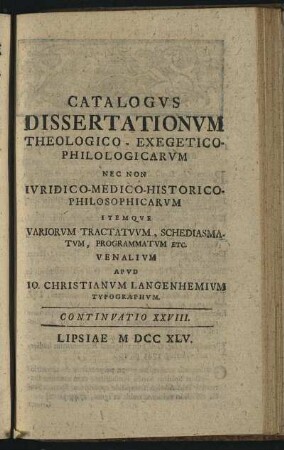 Continuatio XXVIII. Lipsiae M DCC XLV.