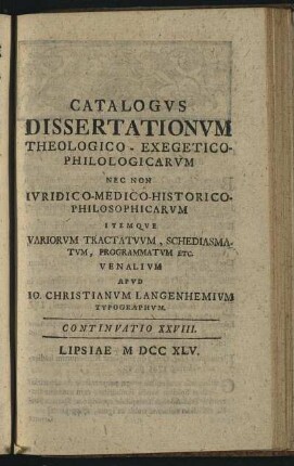 Continuatio XXVIII. Lipsiae M DCC XLV.