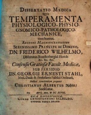 Diss. med. qua temperamenta physiologico-physio-gnomico-pathologico-mechanice enucleantur