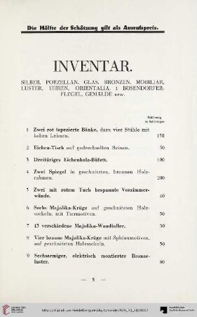 Inventar. Silber, Porzellan, Glas, Bronzen, Mobiliar, Luster, Uhren, Orientalia, 1 Bösendorfer-Flügel, Gemälde usw. (Nr. 1-186)