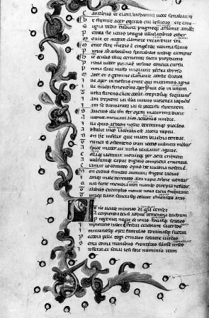 Textseite mit Initiale und Schmuckleiste, fol. 30v, : Ovidii metamorphoseon libri XV., Textseite mit Initiale und Schmuckleiste, fol. 30v, Italien, 14. Jh. Pergament, Wasserfarben, Blattgold, Tinte; 24 x 16,2 cm (Blattgröße). Dresden: SLUB Mscr.Dresd.Dc.144