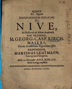 Ex Physicis Disputationem Publicam, De Nive