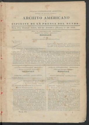 Número 18. - Buenos Aires, Mes de América (Mayo) 1.° de 1850. de 1851.