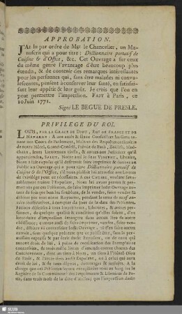 Approbation. Privilege Du Roi