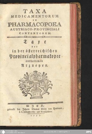 Taxa Medicamentorum In Pharmacopoea Austriaco-Provinciali Contentorum