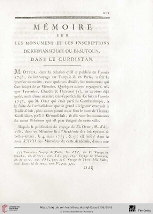 Mémoire sur les monumens et les inscriptions de Kirmanschah ou Bi-Sutoun, dans le Curdistan