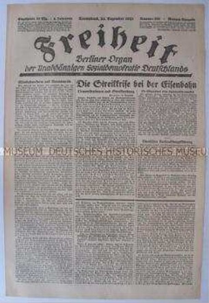 Tageszeitung der USPD Berlin "Freiheit" u.a. zum Eisenbahnstreik