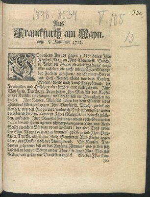 Aus Franckfurth am Mayn. vom 5. Januarii 1712.