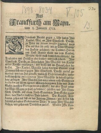 Aus Franckfurth am Mayn. vom 5. Januarii 1712.