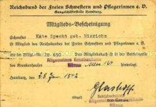 Mitgliedskarte des Reichsbundes der Freien Schwestern und Pflegerinnen e. V. von Käte Specht
