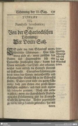 Titulus III. Paralysis Scorbutica; Oder Von der Scharbockischen Lähmung