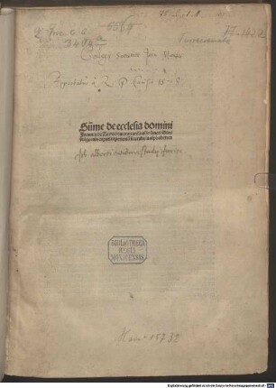 Su[m]me de ecclesia domini Joannis de Turrecremata: cardinalis sancti Sixti vulgo nuncupati repertoriu[m] seu tabula alphabetica