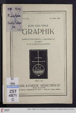 Nr. 30: Auktion / Karl & Faber, München: Alte und neue Graphik, Handzeichnungen, Aquarelle, Bilder, alte Städteansichten : Freitag, 10. Juni 1949