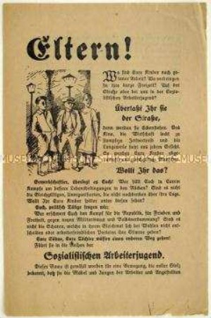 Propagandaflugblatt der SAJ mit Ausrichtung auf die Eltern von Jugendlichen zur Mitgliederwerbung