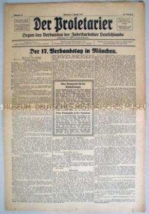 Gewerkschafts-Zeitung "Der Proletarier" u.a. zum 17. Verbandstages in München und zum Hooverplan (Kredithilfe aus USA)