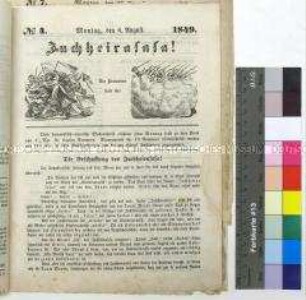 Satirische Wochenschrift "Juchheirasasa! Die Preußen sind da!" vom 6. August 1849