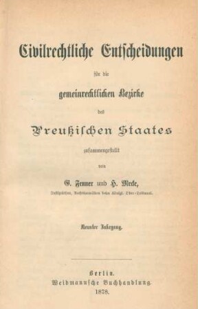 9.1878: Civilrechtliche Entscheidungen für die gemeinrechtlichen Bezirke des Preußischen Staates