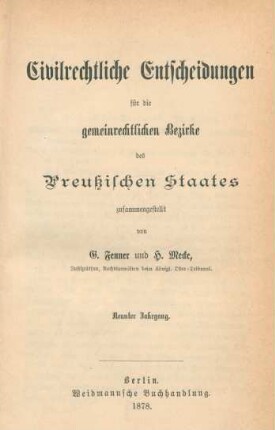 9.1878: Civilrechtliche Entscheidungen für die gemeinrechtlichen Bezirke des Preußischen Staates