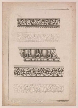 Gesimsprofile der Attika, Nerva-Forum, Rom (Moreau, Fragmens, 1820, Taf. 14)