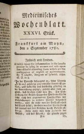 XXXVI. Stück. Frankfurt am Mayn, den 2 September 1780. - XL. Stück. Frankfurt am Mayn, den 30 September 1780.