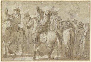 Blasender Trompeter zu Pferde, umgeben von mehreren Reitern