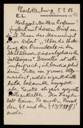 Nr. 12 Brief von Edmund Landau an David Hilbert. Charlottenburg, 5.3.1906