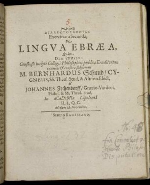 [...] Dialektoskopias Exercitatio Secunda, De Lingua Ebraea