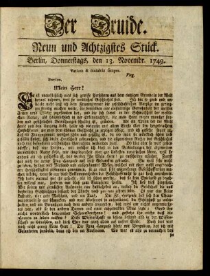 Neun und Achtzigstes Stück. Berlin, Donnerstags, den 13. Novembr. 1749