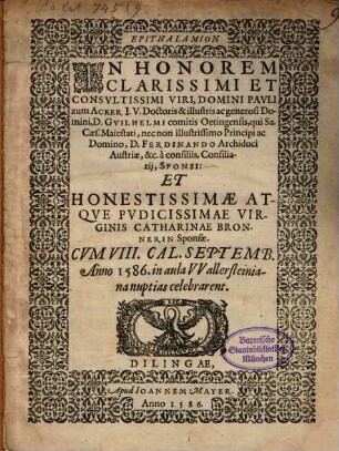 Epithalamion in honorem clarissimi et consultissimi viri, domini Pauli zum Acker