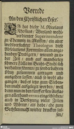 Vorrede An den Christlichen Leser