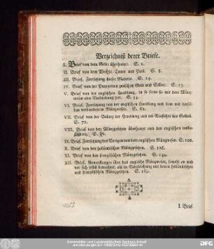 Verzeichniß derer Briefe.