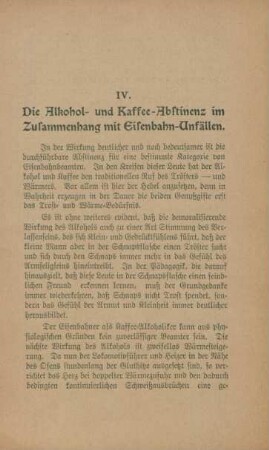 IV. Die Alkohol- und Kaffee-Abstinenz im Zusammenhang mit Eisenbahn-Unfällen