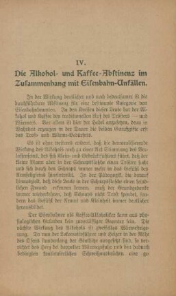 IV. Die Alkohol- und Kaffee-Abstinenz im Zusammenhang mit Eisenbahn-Unfällen