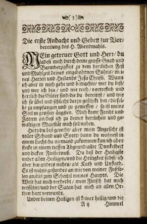 Die erste Andacht und Gebett zu Vorbereitung des H. Abendmahls.