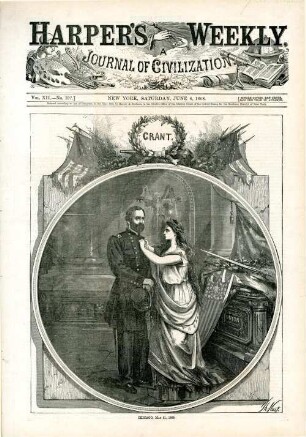 Chicago, May 21, 1868 : Columbia heftet General Grant einen Orden an die Brust. Text: Grant