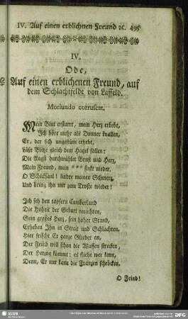 IV. Ode, Auf einen erblichenen Freund, auf dem Schlachtfelde von Laffeld : Moriundo corruscat
