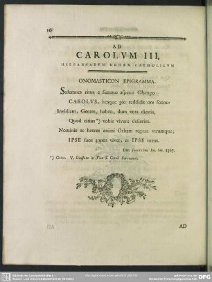 Ad Carolum III. Hispaniarum Regem Catholicum