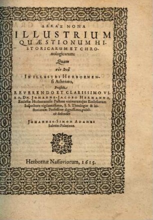 Dekas ... Illustrium Quæstionum Historicarum Et Chronologicarum, Dekas Nona