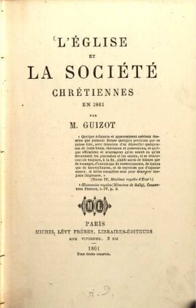 L'église et la société chrétiennes en 1861