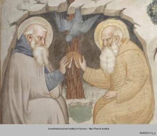 Freskenzyklus mit Szenen aus der Vita des heiligen Antonius : Der heilige Antonius im Gespräch mit dem Eremiten Paulus und Grablegung und Himmelfahrt des heiligen Antonius : Der heilige Antonius im Gespräch mit dem Eremiten Paulus