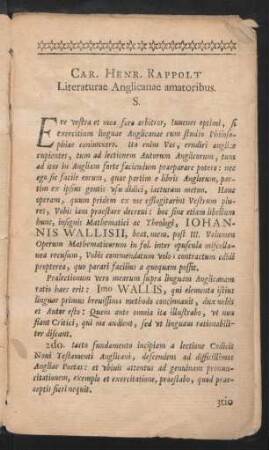 Car. Henr. Rappolt Literaturae Anglicanae amatoribus.