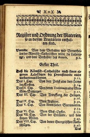 Register und Ordnung der Materien, so in diesem Tractätlein enthalten sind.