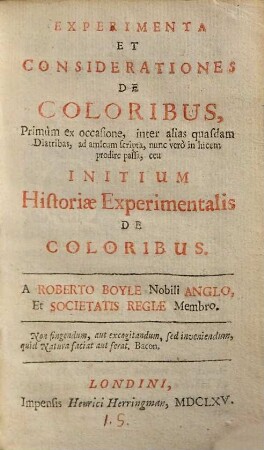 Experimenta Et Considerationes De Coloribus : ... ceu Initium Historiae Experimentalis De Coloribus