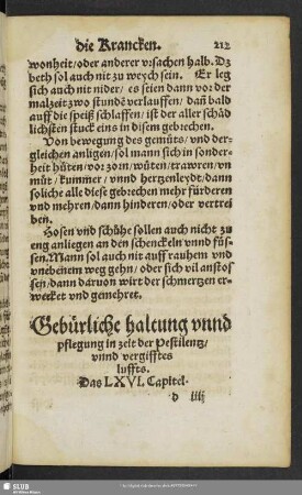 Gebürliche haltung unnd pflegung in zeit der Pestilentz, unnd vergifftes luffts. Das LXVI. Capitel
