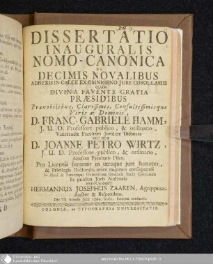 Dissertatio Inauguralis Nomo-Canonica De Decimis Novalibus Adnexis In Calce Ex Omnigeno Jure Corollariis