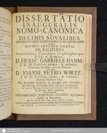 Dissertatio Inauguralis Nomo-Canonica De Decimis Novalibus Adnexis In Calce Ex Omnigeno Jure Corollariis