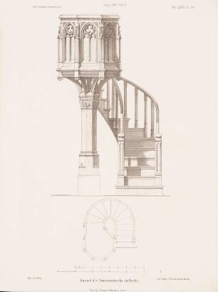 Kanzel der Christuskirche, Berlin: Grundriss, Ansicht (aus: Architektonisches Skizzenbuch, H. 77/6, 1865)