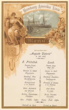 Menükarte : Menü, Schnelldampfer "Auguste Victoria"