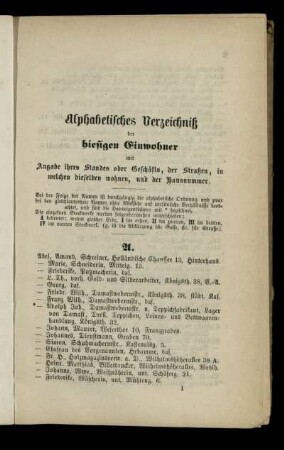 Alphabetisches Verzeichniß der hiesigen Einwohner