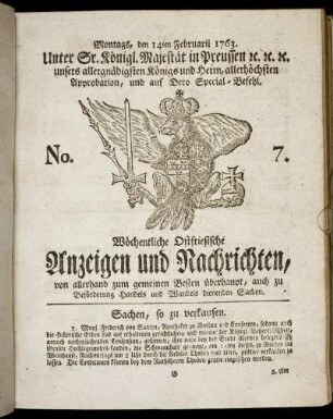 No. 7. Montags, den 14ten Februarii 1763.
